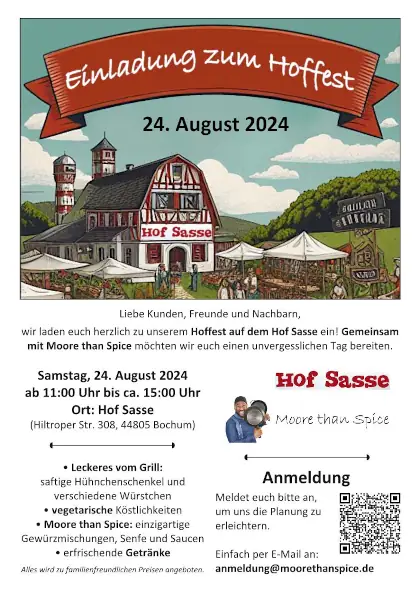 Plakat für das Hoffest am 24. August 2024 bei Hof Sasse